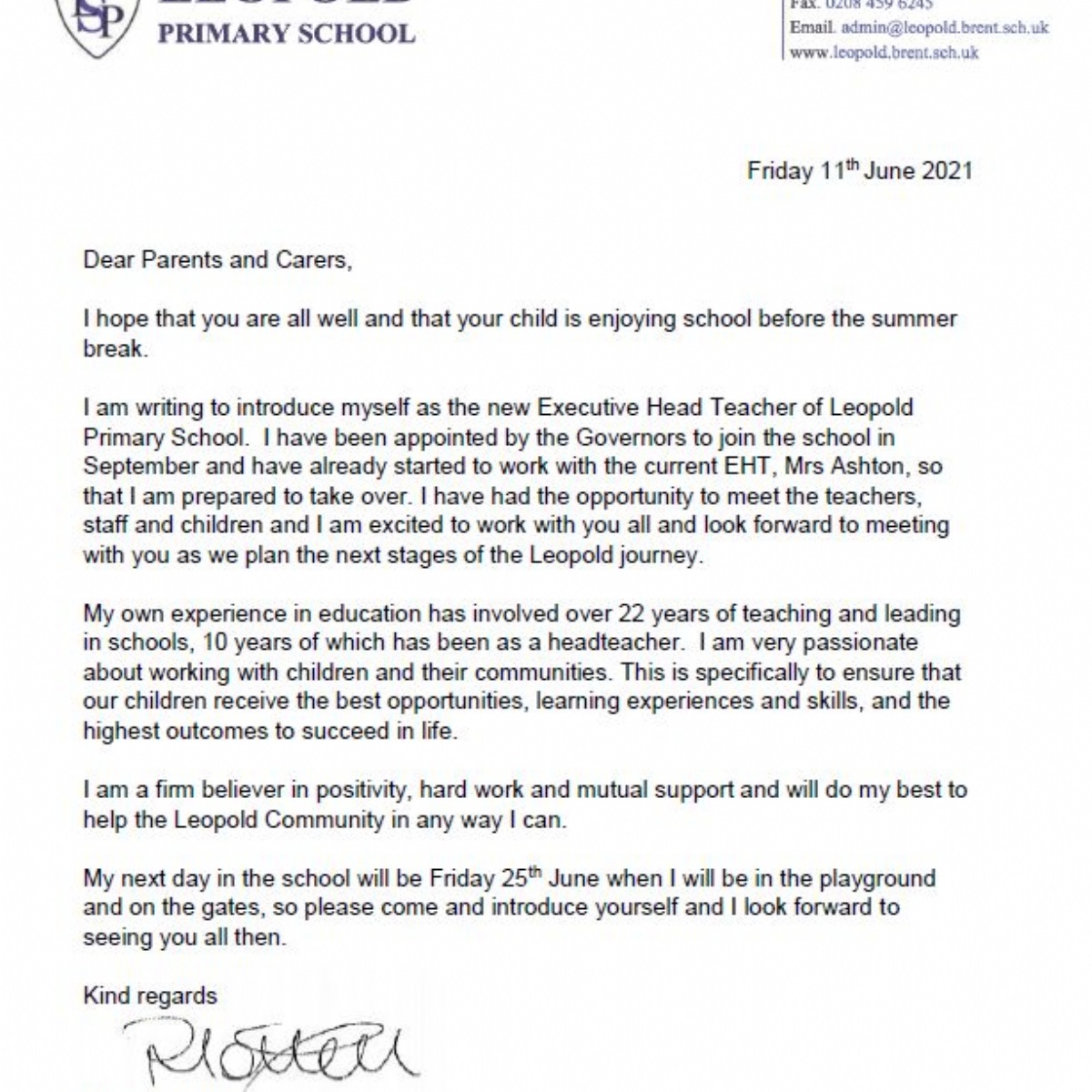 Leopold Primary School - Letter from the incoming EHT